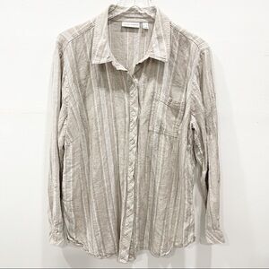 Susan Graver Long Sleeve Button Down Linen Shirt XL Tan Stripe Lagenlook